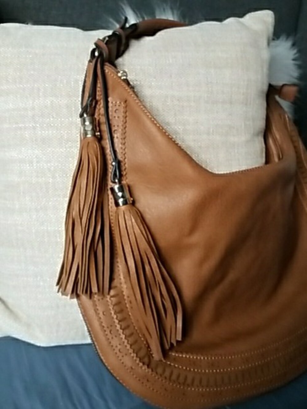 Macy's Large Brown Leather Shoulder Bag with Tassel - Picture 6 of 16